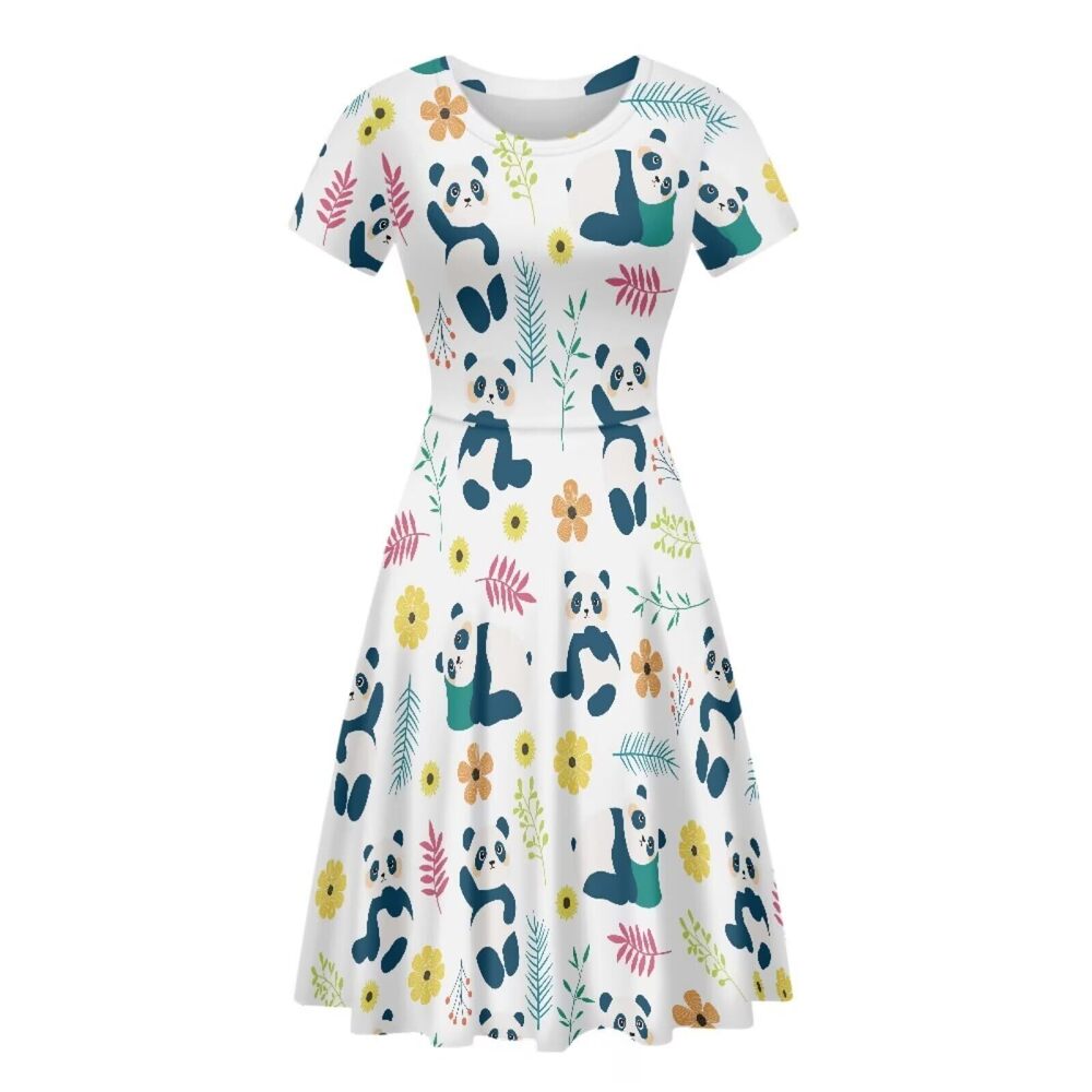 2539 Panda Dress Summer Short Sleeve Midi Dresses Plus Size Cute Print